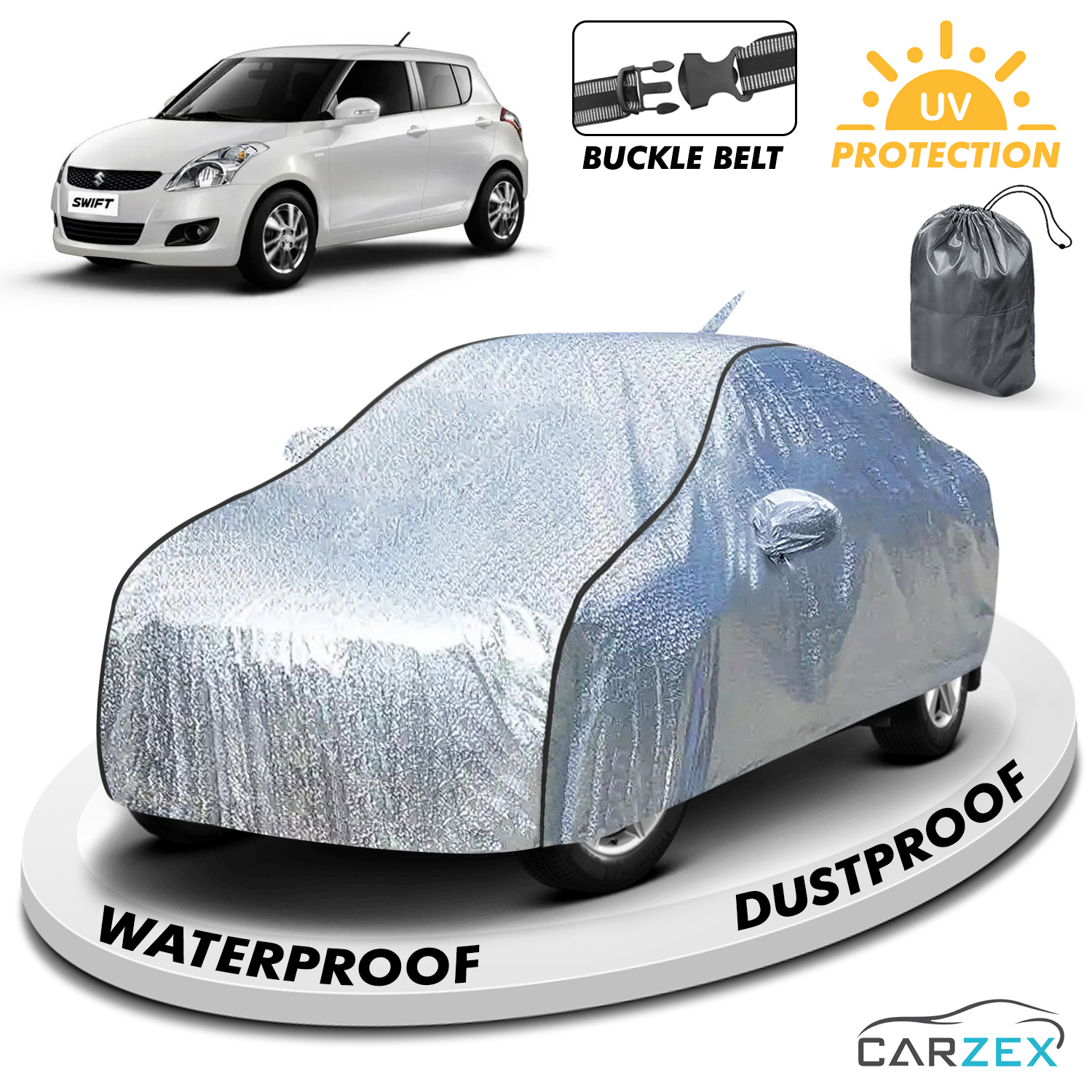 Carzex Waterproof & Heat Resistant Metallic Silver With Black Border Car Body Cover with Mirror & Antenna Pockets For Maruti Suzuki Swift 2012
